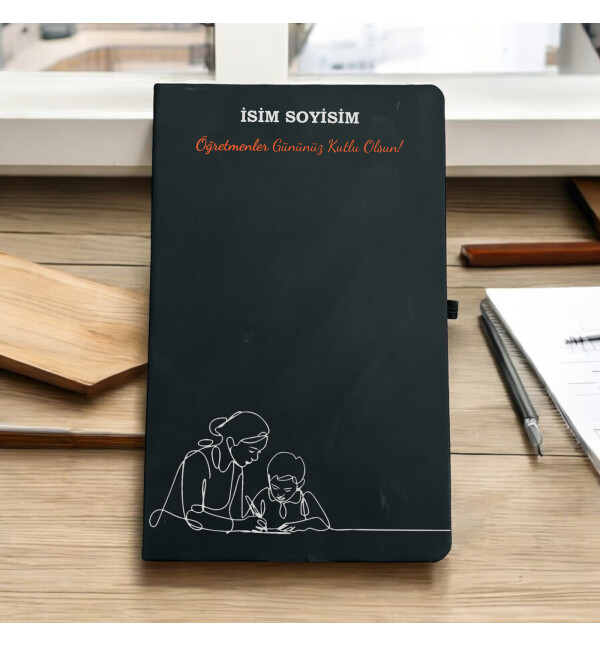 Kişiye Özel İsimli ve Mesajlı Öğretmenler Gününe Özel Öğretmene ve Öğrenci Temalı Siyah Defter Ajanda