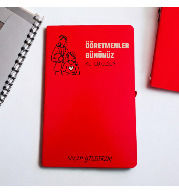 Kişiye Özel İsimli ve Mesajlı Öğretmenler Gününe Özel Sevgi Temalı Kırmızı Defter Ajanda