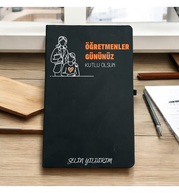 Kişiye Özel İsimli ve Mesajlı Öğretmenler Gününe Özel Sevgi Temalı Siyah Defter Ajanda