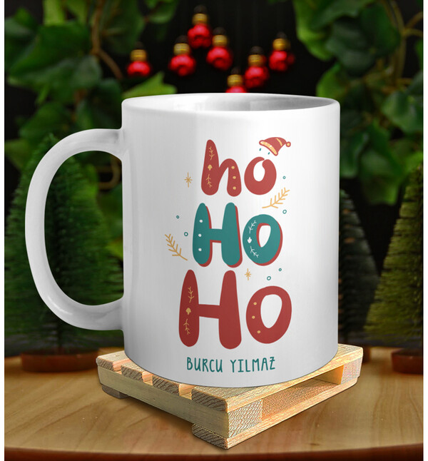 Kişiye Özel İsimli Yılbaşı Noel Baba Sesi Tasarımlı Beyaz Kupa ve Ahşap Palet Altlığı Hediyeli Kupa Bardak oh1202
