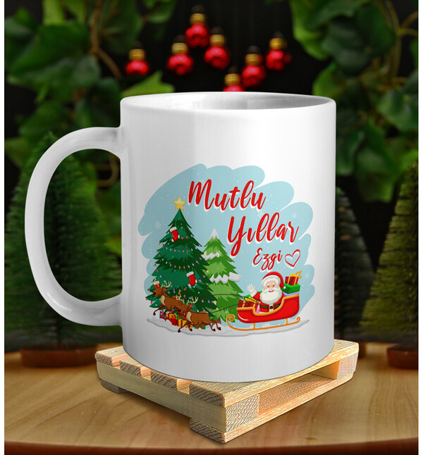 Kişiye Özel İsimli Yılbaşı Noel Baba Tasarımlı Beyaz Kupa ve Ahşap Palet Altlığı Hediyeli Kupa Bardak oh1207