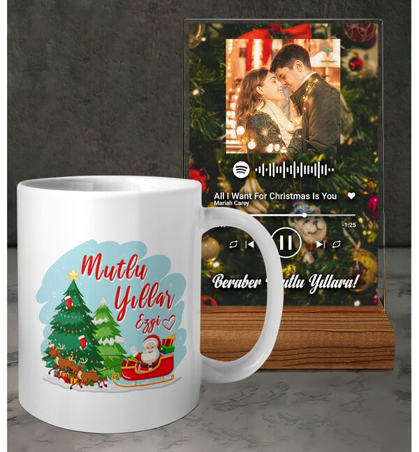 Kişiye Özel İsimli Yılbaşı Noel Baba Tasarımlı Beyaz Kupa ve Fotoğraflı Yılbaşı Mutlu Yıllar Christmas Tasarımlı Masaüstü Plak oh1228