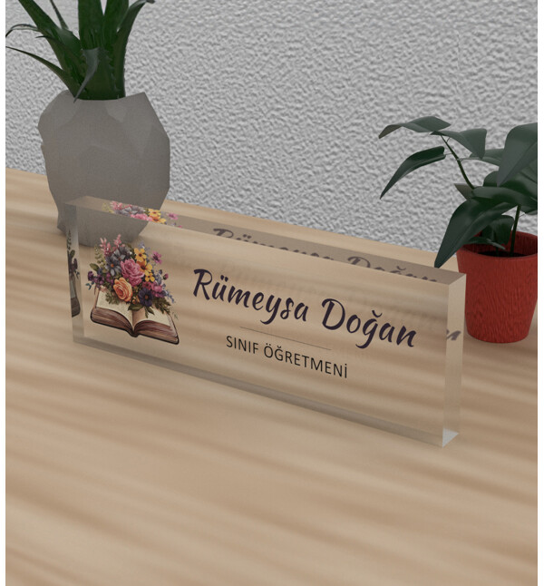 Kişiye Özel Kendin Tasarla Çiçekli Kitap Tasarım Öğretmene Meslek Ünvan Masa Üstü İsimlik