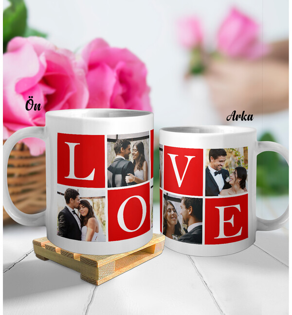 Kişiye Özel Love 4 Fotoğraflı Sevgili Kupa Bardak Ahşap Palet Altlığı Hediyeli