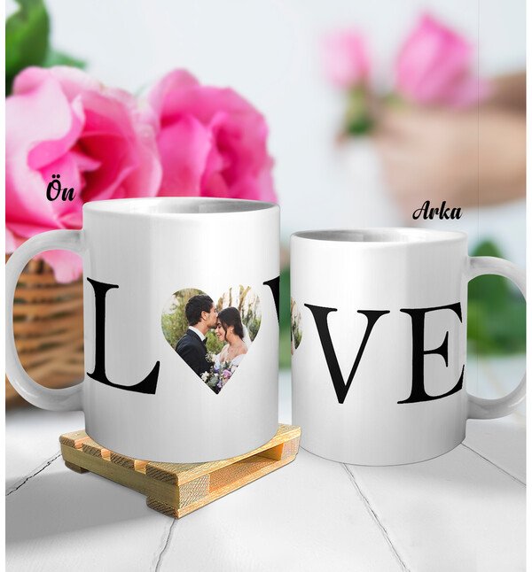Kişiye Özel Love Fotoğraflı Sevgili Kupa Bardak Ahşap Palet Altlığı Hediyeli