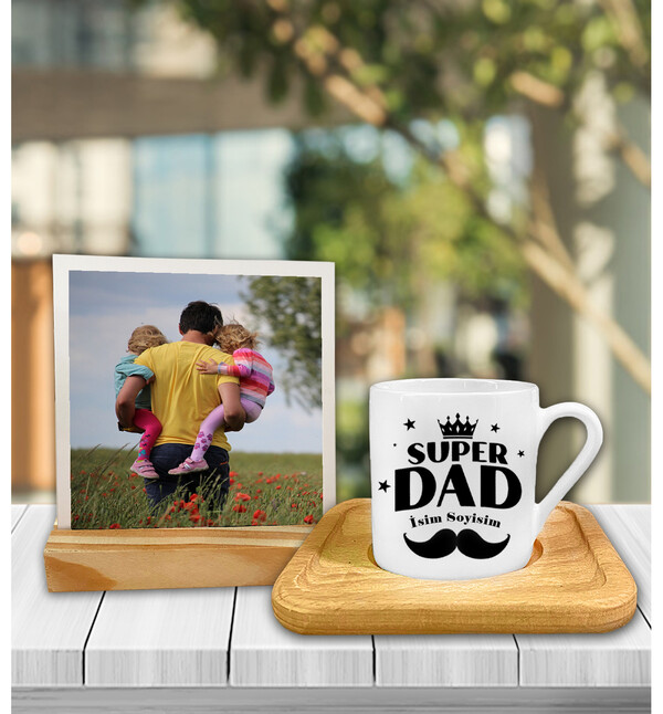 Kişiye Özel Süper Dad Fincan ve Fotoğraf Çerçeveli Hediye Seti oh800