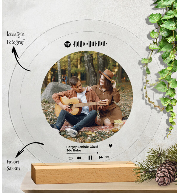 Kişiye Özel Tasarlanan Fotoğraflı Spotify Şarkı Barkodlu Yuvarlak Plak Tasarım Fotoğraf Çerçevesi