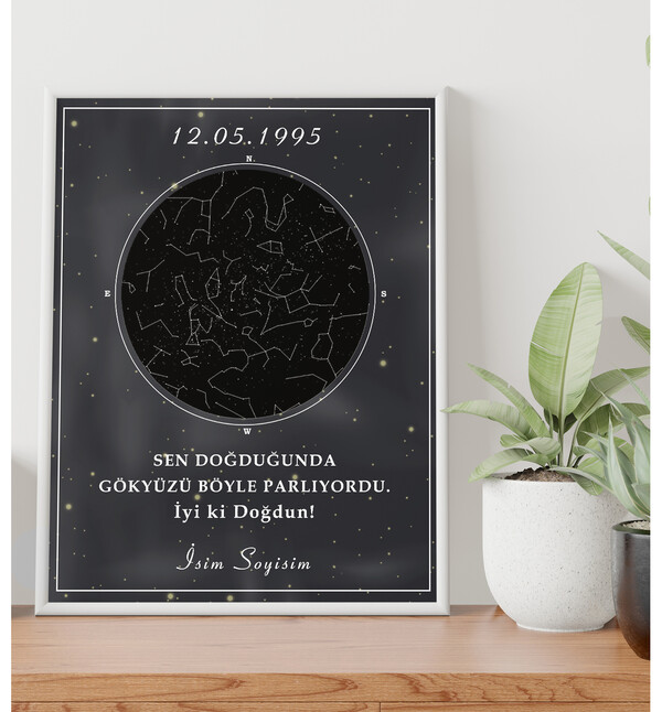 Kişiye Özel Yıldız Haritası Gökyüzü Galaksi Tasarımlı ve Mesajlı Doğum Haritası Beyaz 21x30 Çerçeve oh947