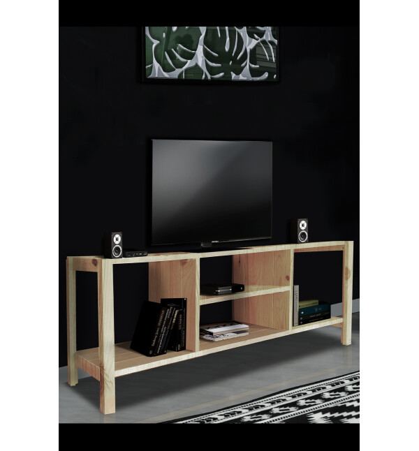 Masif Ahşap Tv Sehpası Raflı Tv Ünitesi Televizyon Sehpası Natural Mob167