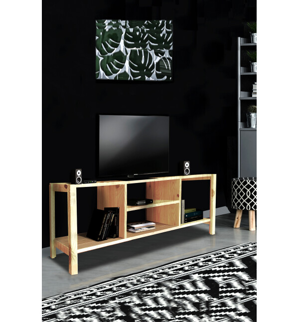 Masif Ahşap Tv Sehpası Raflı Tv Ünitesi Televizyon Sehpası Natural Mob167