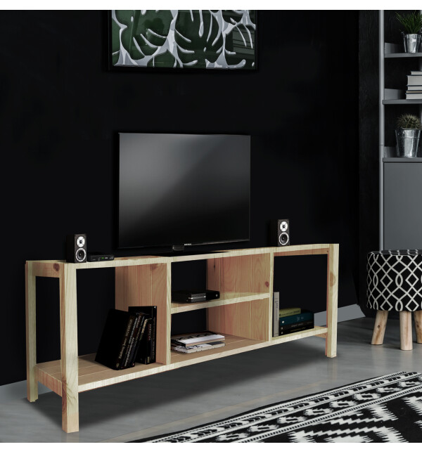 Masif Ahşap Tv Sehpası Raflı Tv Ünitesi Televizyon Sehpası Natural Mob167