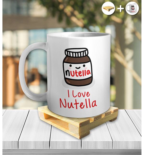 Nutella Tasarımlı Kupa ve Ahşap Palet Altlığı Hediyeli Kupa Bardak oh968