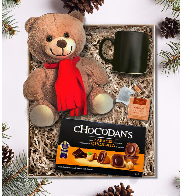 Peluş Ayıcık Siyah Kupa Chocodans lı Çaylı Hediye Kutusu