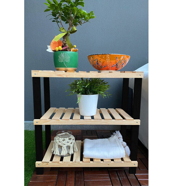 Premium Ahşap 3 Raflı Saksı Standı Salon Bahçe Çiçekliği Ahşap Saksılık Mob152