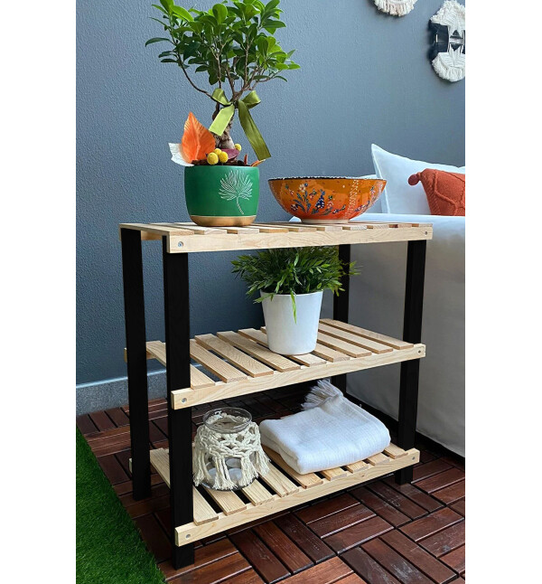Premium Ahşap 3 Raflı Saksı Standı Salon Bahçe Çiçekliği Ahşap Saksılık Mob152