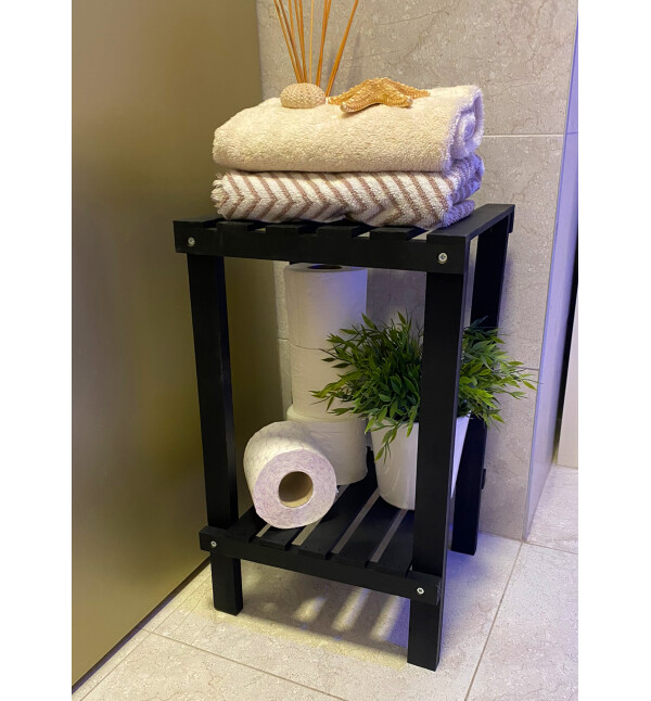 Siyah Premium Serisi Ahşap 2 Katlı Banyo Düzenleyici Çiçeklik Saksılık Çok Amaçlı Raf Banyo Organizeri ve Saksı Standı Mob147