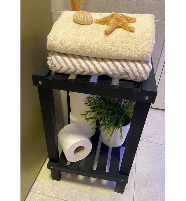 Siyah Premium Serisi Ahşap 2 Katlı Banyo Düzenleyici Çiçeklik Saksılık Çok Amaçlı Raf Banyo Organizeri ve Saksı Standı Mob147