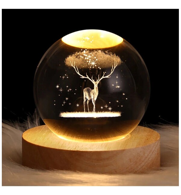 Dekoratif-Geyik Tasarımlı Ahşap Altlıklı Işıklı Cam Küre Gece Lambası Usb Giriş