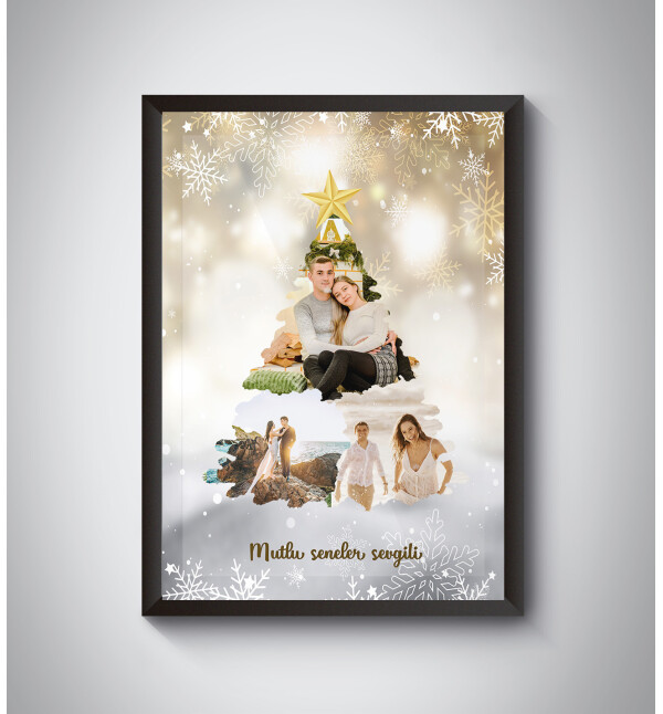 Kendin Tasarla Kişiye Özel Fotoğraflı ve Mesajlı Yılbaşı Ağacı Tasarımlı Siyah Fotoğraf Çerçevesi