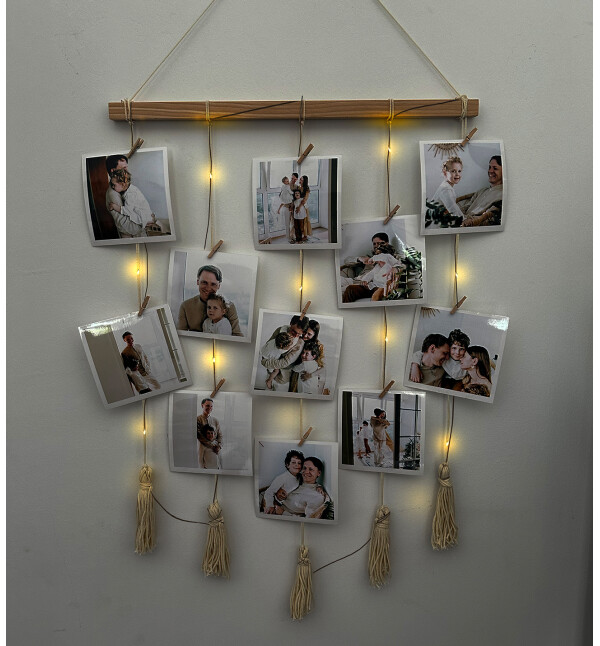 Kişiye Özel 11 Fotoğraflı Led Işıklı Mandallı Makrome İpli Fotoğraf Askısı