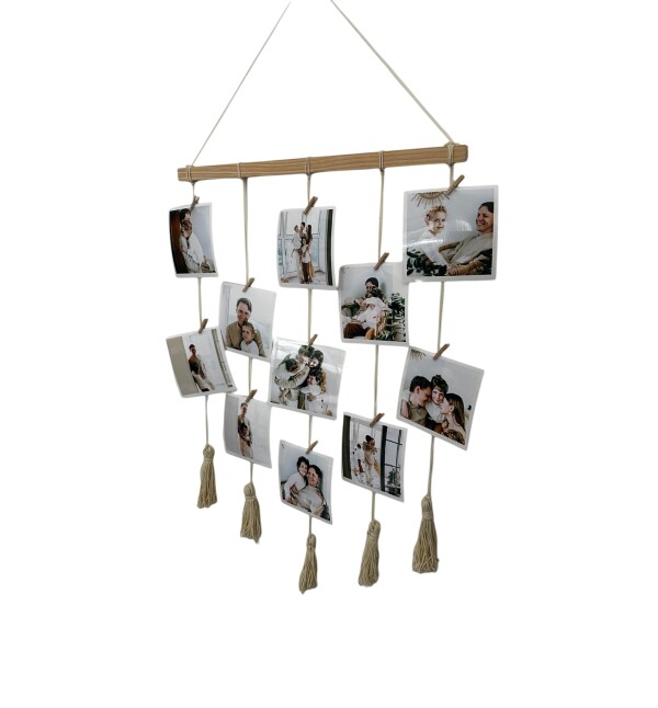 Kişiye Özel 11 Fotoğraflı Led Işıklı Mandallı Makrome İpli Fotoğraf Askısı