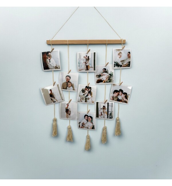 Kişiye Özel 11 Fotoğraflı  Mandallı Makrome İpli Fotoğraf Askısı