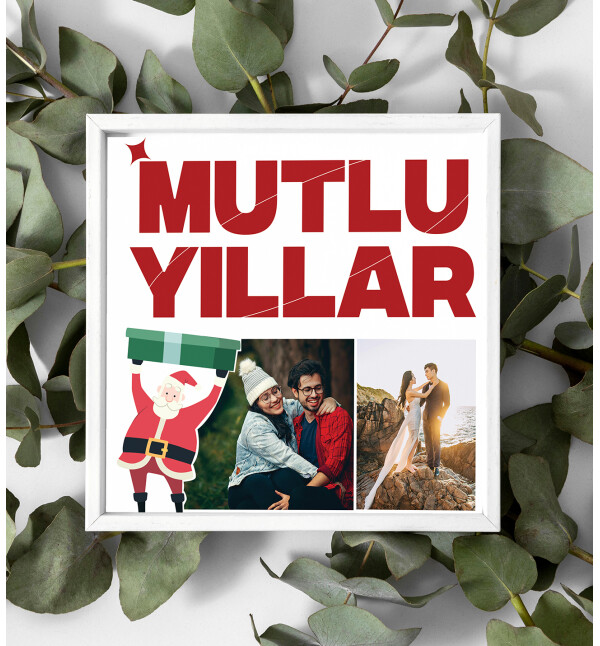 Kişiye Özel 2 Fotoğraflı ve Mesajlı Noel Baba Tasarım Beyaz Kare Fotoğraf Anı Çerçevesi
