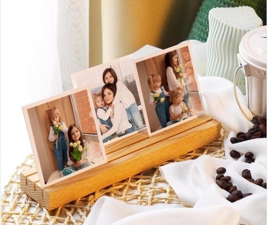 Kişiye Özel 3 Fotoğraf Baskılı Ahşap Fotoğraf Standı Fotoğraf Çerçevesi