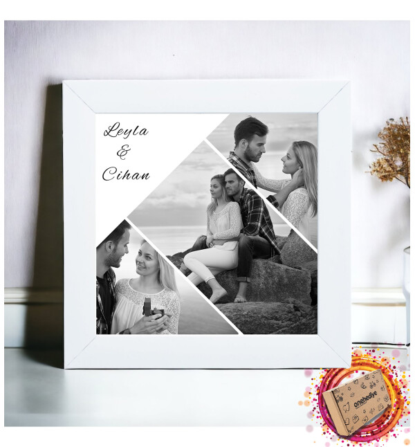 Kişiye Özel 3 Fotoğraflı İsimli Tasarımlı Beyaz Kare Fotoğraf Anı Çerçevesi