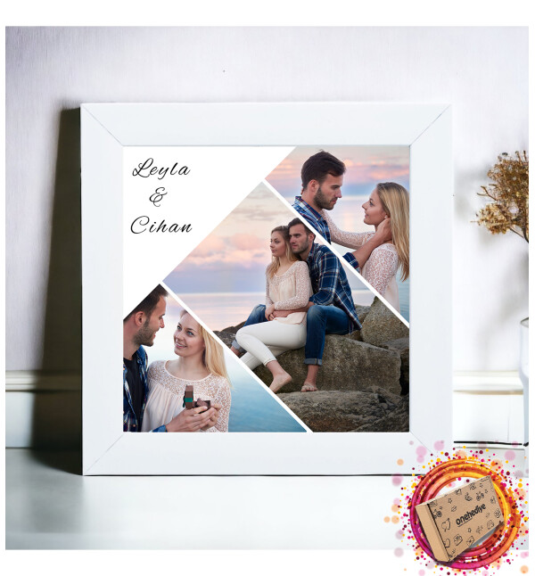 Kişiye Özel 3 Fotoğraflı İsimli Tasarımlı Beyaz Kare Fotoğraf Anı Çerçevesi