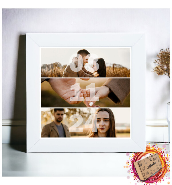 Kişiye Özel 3 Fotoğraflı Tarihli Tasarım Beyaz Kare Fotoğraf Anı Çerçevesi