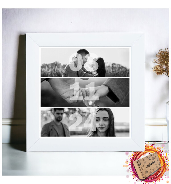 Kişiye Özel 3 Fotoğraflı Tarihli Tasarım Beyaz Kare Fotoğraf Anı Çerçevesi
