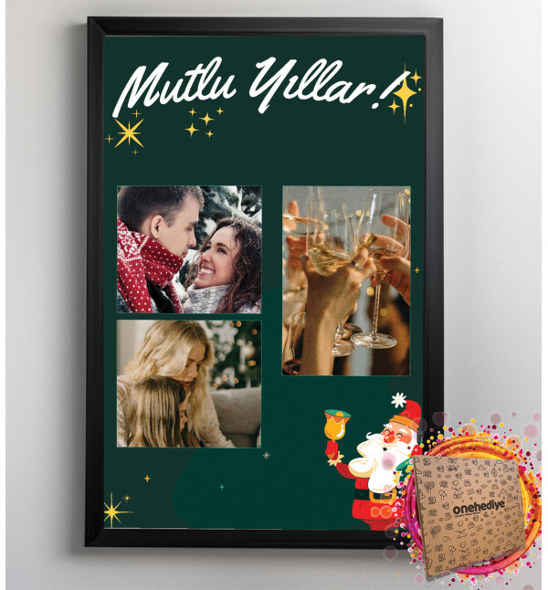 Kişiye Özel 3 Fotoğraflı ve Mesajlı Noel Baba Tasarım 21x30 Fotoğraf Anı Çerçevesi