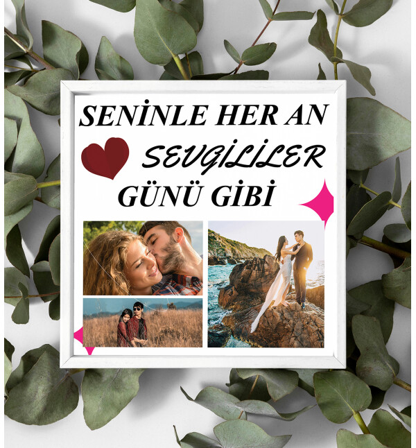 Kişiye Özel 3 Fotoğraflı ve Mesajlı Sevgili Temalı Tasarımlı Beyaz Kare Fotoğraf Anı Çerçevesi