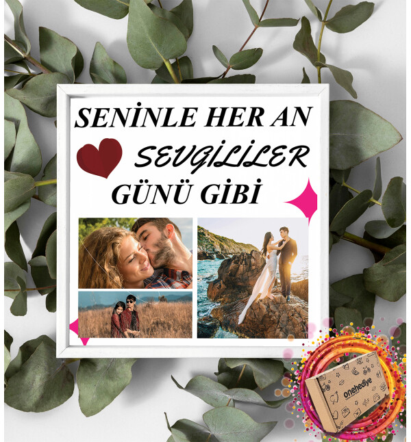 Kişiye Özel 3 Fotoğraflı ve Mesajlı Sevgili Temalı Tasarımlı Beyaz Kare Fotoğraf Anı Çerçevesi
