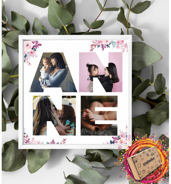 Kişiye Özel 4 Fotoğraflı Anne Yazılı Çiçekli Tasarım Beyaz Kare Fotoğraf Anı Çerçevesi
