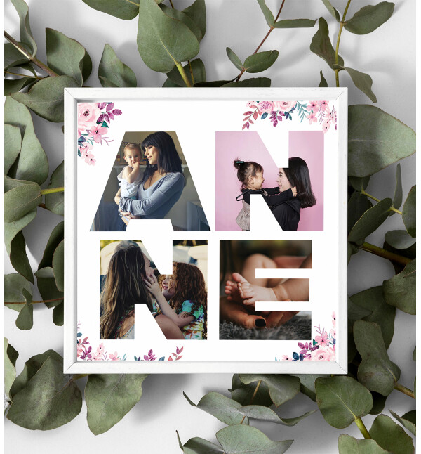 Kişiye Özel 4 Fotoğraflı Anne Yazılı Çiçekli Tasarım Beyaz Kare Fotoğraf Anı Çerçevesi