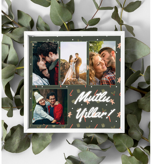 Kişiye Özel 4 Fotoğraflı ve Mesajlı Yeni Yıl Tasarımlı Beyaz Kare Fotoğraf Anı Çerçevesi