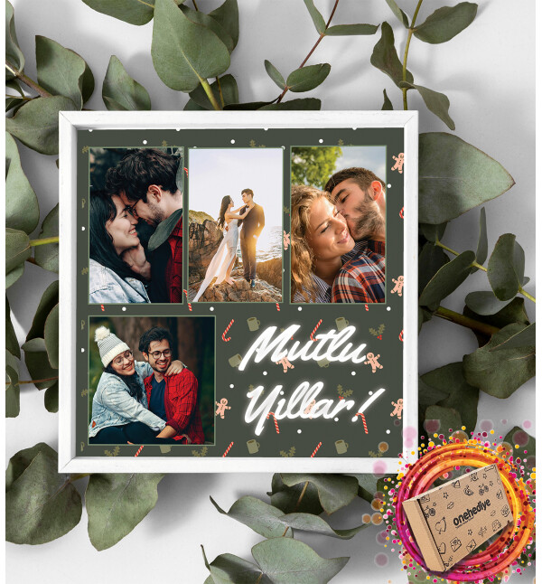 Kişiye Özel 4 Fotoğraflı ve Mesajlı Yeni Yıl Tasarımlı Beyaz Kare Fotoğraf Anı Çerçevesi