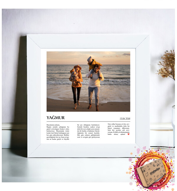 Kişiye Özel Fotoğraflı İsimli Mesajlı Tasarımlı Beyaz Kare Fotoğraf Anı Çerçevesi