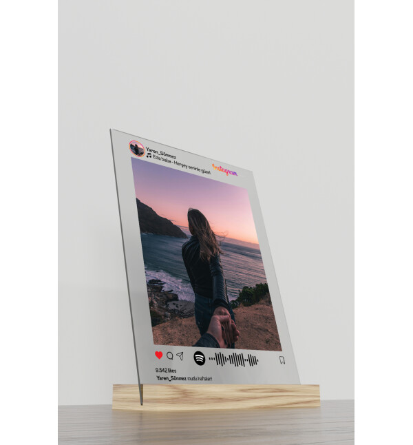 Kişiye Özel  Fotoğraflı Kendin Tasarla Spotify Şarkı Barkodlu İnstagram Tasarımlı Masaüstü Plak Fotoğraf Çerçevesi