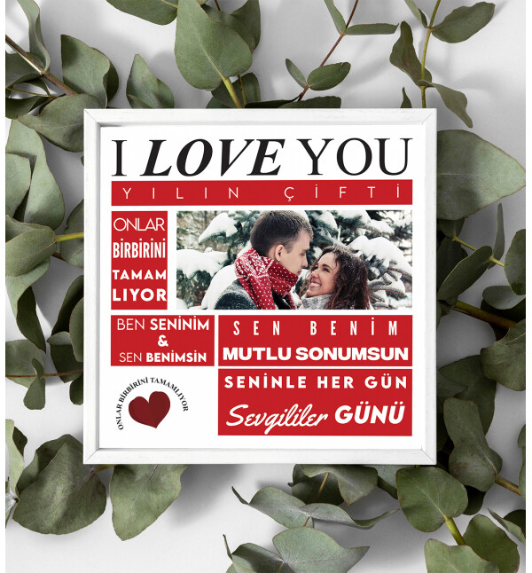 Kişiye Özel Fotoğraflı Sevgili Temalı Mesajlı Tasarım Beyaz Kare Fotoğraf Anı Çerçevesi