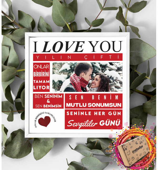 Kişiye Özel Fotoğraflı Sevgili Temalı Mesajlı Tasarım Beyaz Kare Fotoğraf Anı Çerçevesi