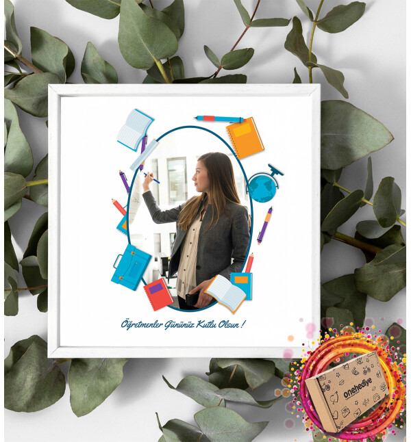 Kişiye Özel Fotoğraflı ve Mesajlı Öğretmen Tasarımlı Beyaz Kare Fotoğraf Anı Çerçevesi