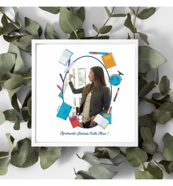 Kişiye Özel Fotoğraflı ve Mesajlı Öğretmen Tasarımlı Beyaz Kare Fotoğraf Anı Çerçevesi