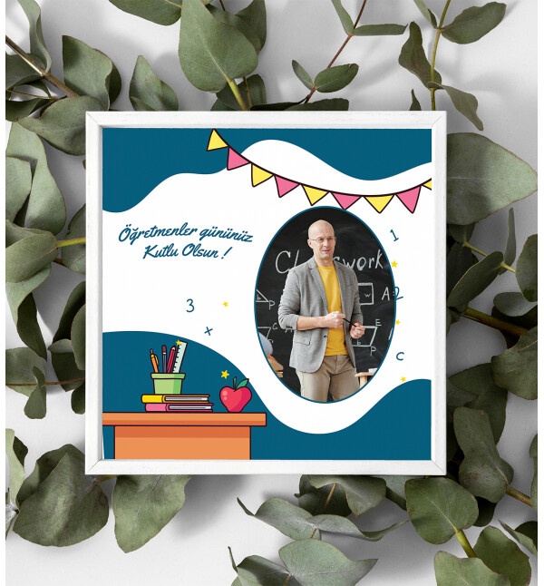 Kişiye Özel Fotoğraflı ve Mesajlı Öğretmen Tasarımlı Beyaz Kare Fotoğraf Anı Çerçevesi