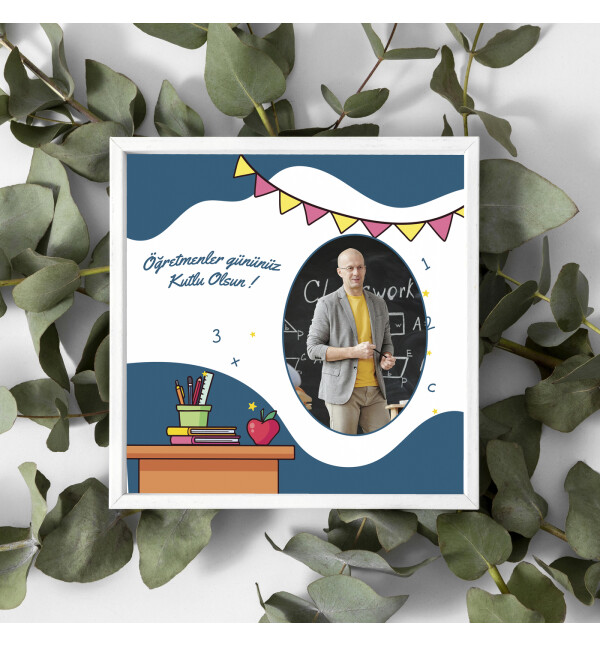 Kişiye Özel Fotoğraflı ve Mesajlı Öğretmen Tasarımlı Beyaz Kare Fotoğraf Anı Çerçevesi