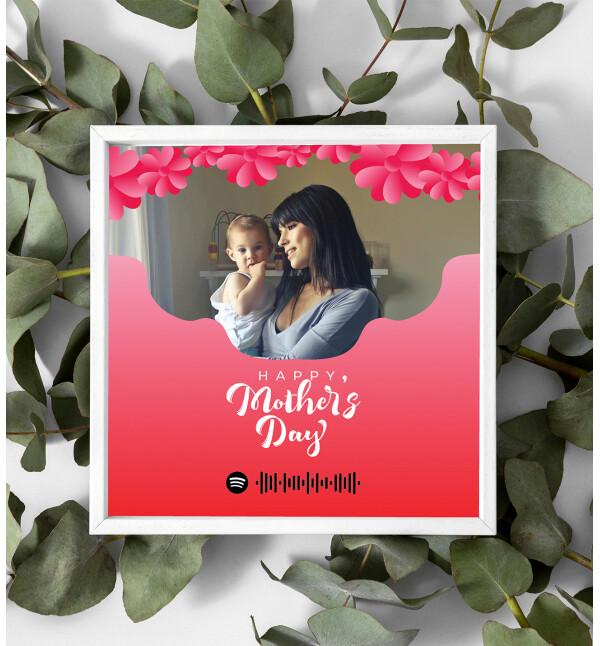 Kişiye Özel Fotoğraflı ve Mesajlı ve Spotify Kodlu Tasarım Beyaz Kare Fotoğraf Anı Çerçevesi