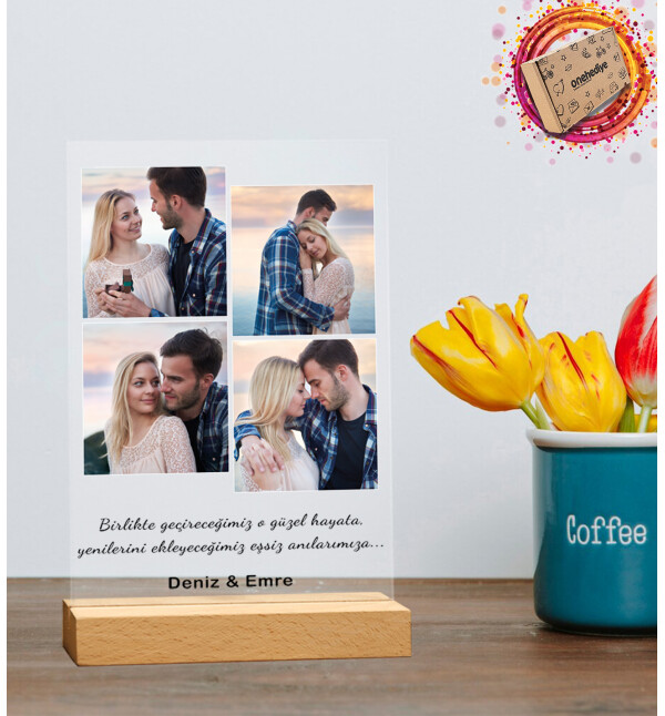 Kişiye Özel Kendin Tasarla 4 Fotoğraflı İsimli ve Mesajlı Masaüstü Plak Fotoğraf Çerçevesi
