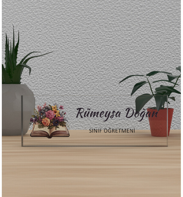 Kişiye Özel Kendin Tasarla Çiçekli Kitap Tasarım Öğretmene Meslek Ünvan Masa Üstü İsimlik